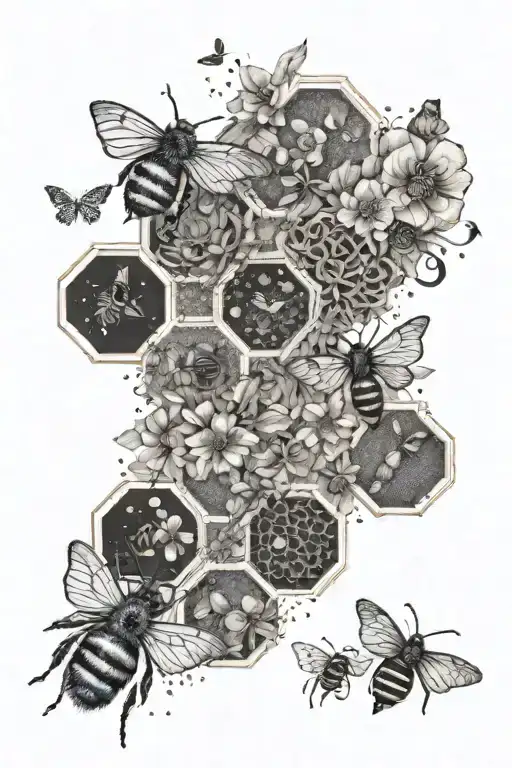 A detailed honeycomb pattern with bees and butterflies flying around it, symbolizing the interconnectedness of life and nature tattoo design idea