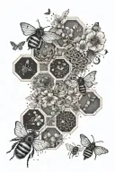 A detailed honeycomb pattern with bees and butterflies flying around it, symbolizing the interconnectedness of life and nature tattoo design idea