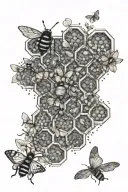 A detailed honeycomb pattern with bees and butterflies flying around it, symbolizing the interconnectedness of life and nature tattoo design idea