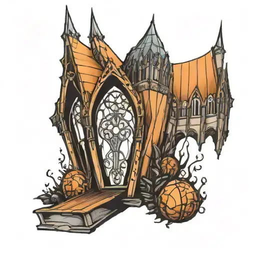 gothic cathedral in coffin tattoo design idea