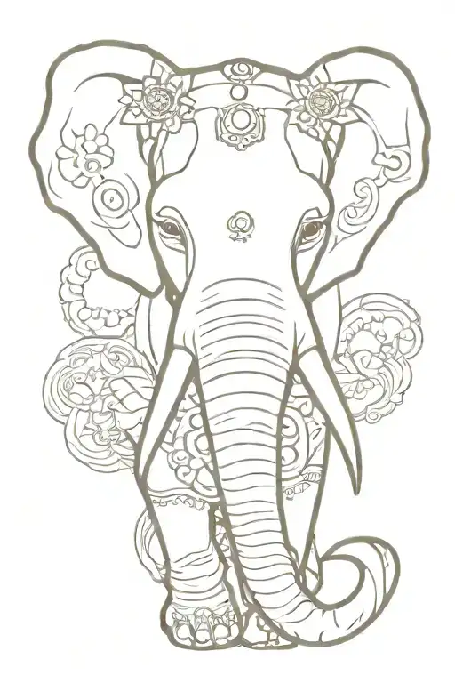 outline of an Asian elephant’s face and tusk adorned with ceremonial elements from the kandy perera and chola  tattoo design idea
