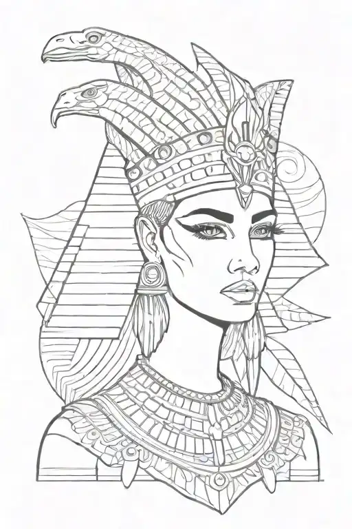 cleopatra, eyes white, with snake crown, ancient egypt, black line drawing  tattoo design idea