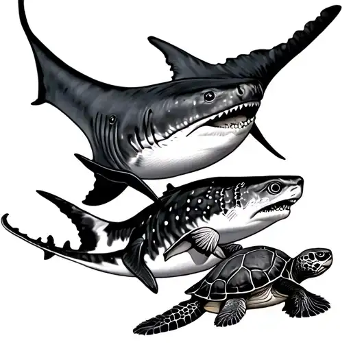manta ray, whale shark and a turtle. small tattoo tattoo design idea