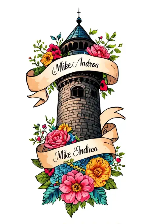 the name Mikee Andrea on a ribbon around a tower of flowers  tattoo design idea