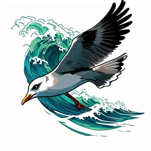 seagull flying out of a hurricane of blue and green waves tattoo design idea