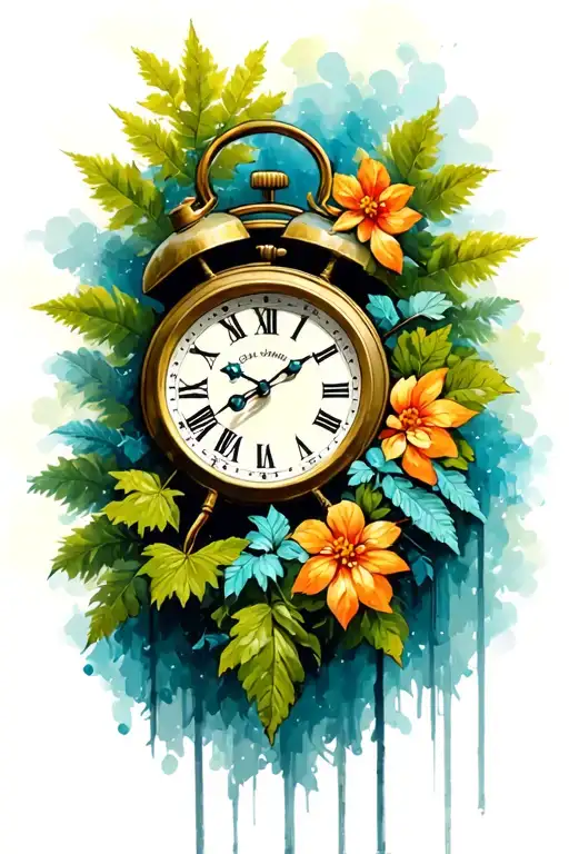 ticking time clock mixed with nature elements like trees tattoo design idea