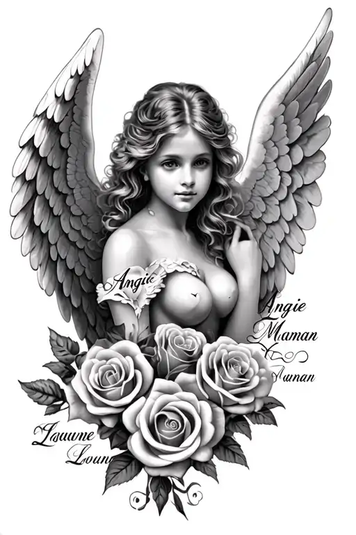 Roses intertwined with heart -shaped angel wings and 3 first names: Angie, Maman, Louane tattoo design idea
