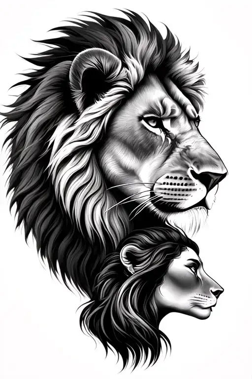 majestic lion in profile with a woman lion in profile underneath. tattoo design idea