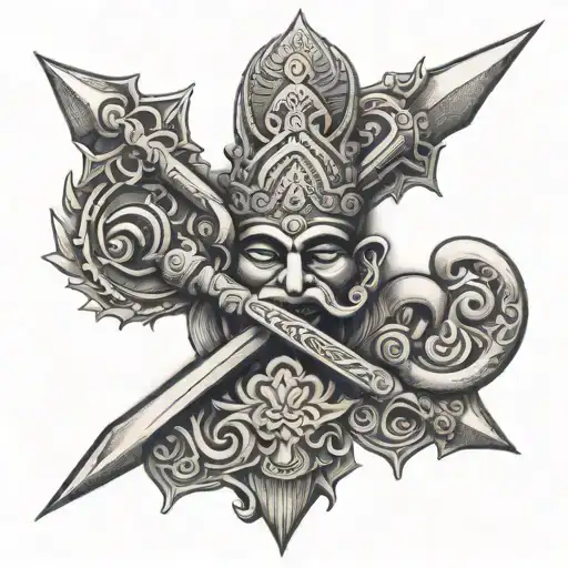 Combine trishul, trident, om, hanuman ji's mace, sudarshan chakra and the quote "you are the protector, who is afraid" in sanskrit tattoo design idea