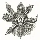 Combine trishul, trident, om, hanuman ji's mace, sudarshan chakra and the quote "you are the protector, who is afraid" in sanskrit tattoo design idea