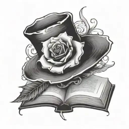 Open book single rose magician's hat tattoo design idea