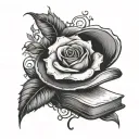 Open book single rose magician's hat tattoo design idea