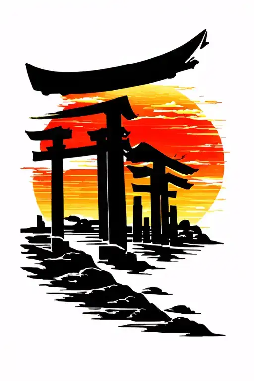 Traditional Japanese Irezumi style torii gate tattoo design, bold black outlines, red and yellow sunset gradient backgro tattoo design idea