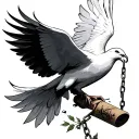white dove in flight. olive branch in mouth. carrying a scroll in one talon and a broken chain in the other. tattoo design idea