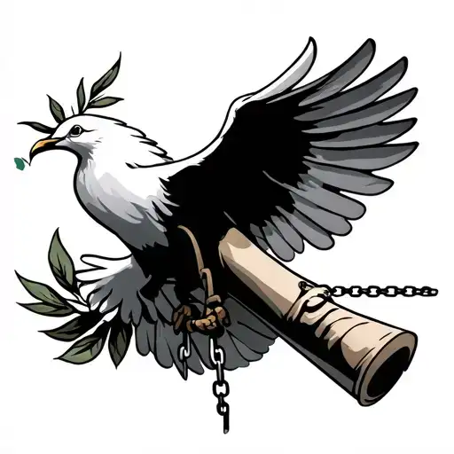 white dove in flight. olive branch in mouth. carrying a scroll in one talon and a broken chain in the other. tattoo design idea