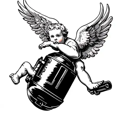 cherub flying down to push handle of a tnt detonator tattoo design idea