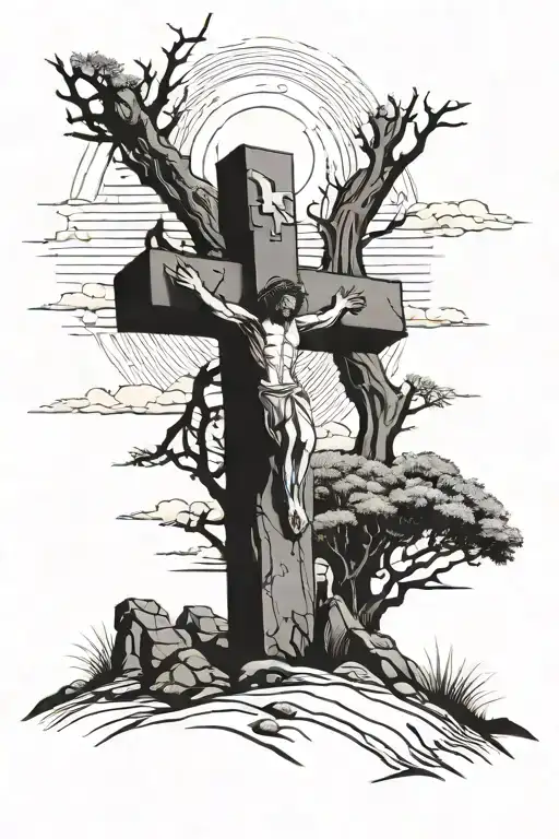 Crucifix on a hill with an empty grave  tattoo design idea