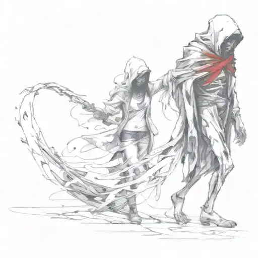 a girl leading a showy reaper by holding his hand tattoo design idea
