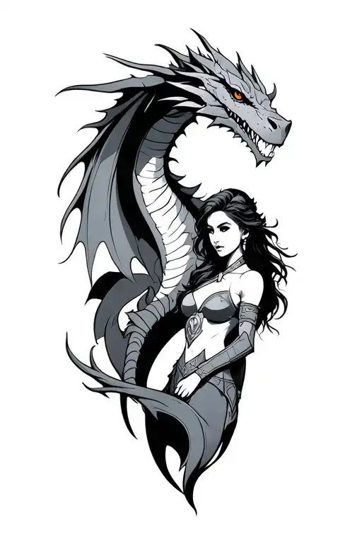 dnd inspired tattoo featuring dragon and female warrior tattoo design idea