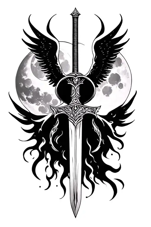 sword, fire, moon, angel tattoo design idea