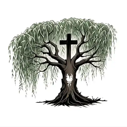 weeping willow tree with small cross on tree trunk and horse hoove prints on trunk tattoo design idea