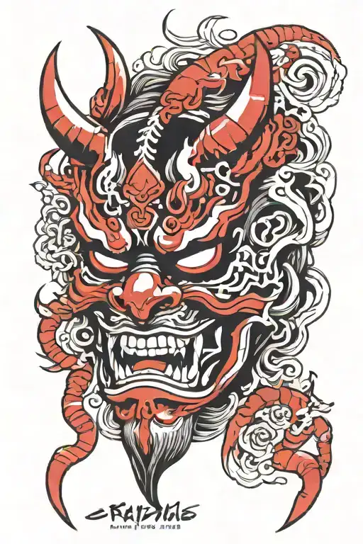 trash polka style oni demon mask tattoo design idea
