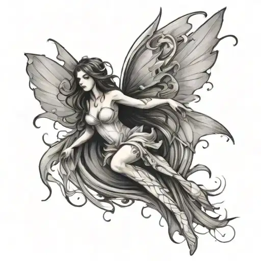 fairy with broken wings flying tattoo design idea