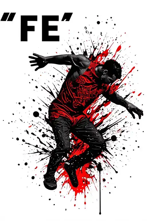 "fe" A symbolic tattoo design illustrating the fall of a man, captured in mid-air or collapsing, with an emotional, dramatic  tattoo design idea