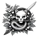 snakes, berries, foliage, sword, bones, cat skull  tattoo design idea
