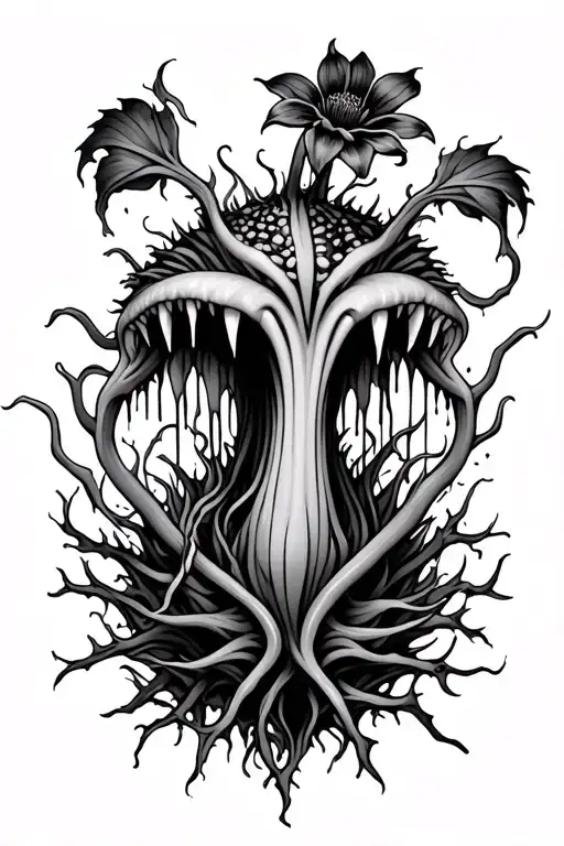 A gothic carnivorous plant creature with flytrap-style mouths, dripping thorns, twisted vines, and dark poisonous flower tattoo design idea
