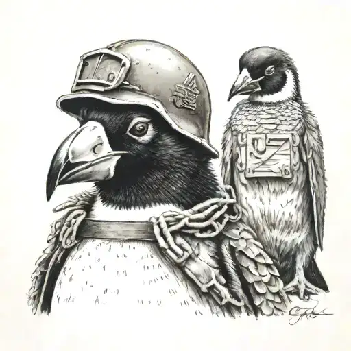 Cute penguin with u.s Vietnam war solider helmet, dog tags around neck no writing in dog tags, dates 11/11/1942-09/22/20 tattoo design idea