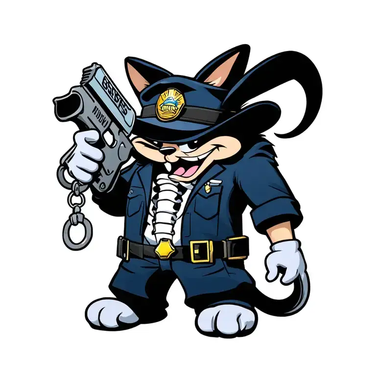 Looney tunes pelvis is dressed in the form of the police, holds handcuffs and stun gun in his hands tattoo design idea