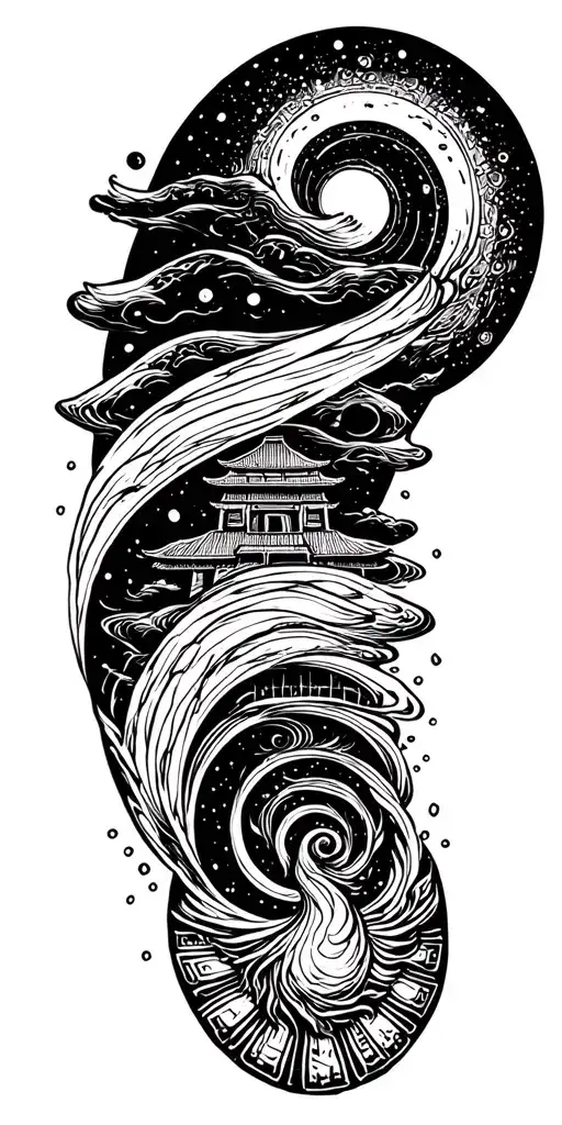 spiral merging, temple, rise, darkness, happiness, planet tattoo design idea