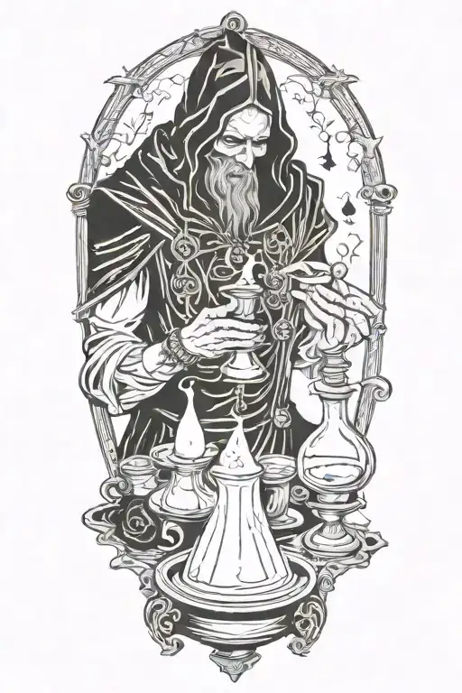 Hodded alchemist performing ritual, tarot cards, beakers, candles tattoo design idea
