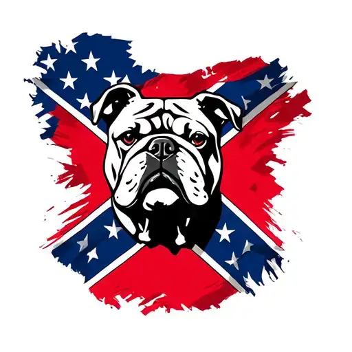 small red and blue confederate flag with bulldog head in center with american flag background tattoo design idea