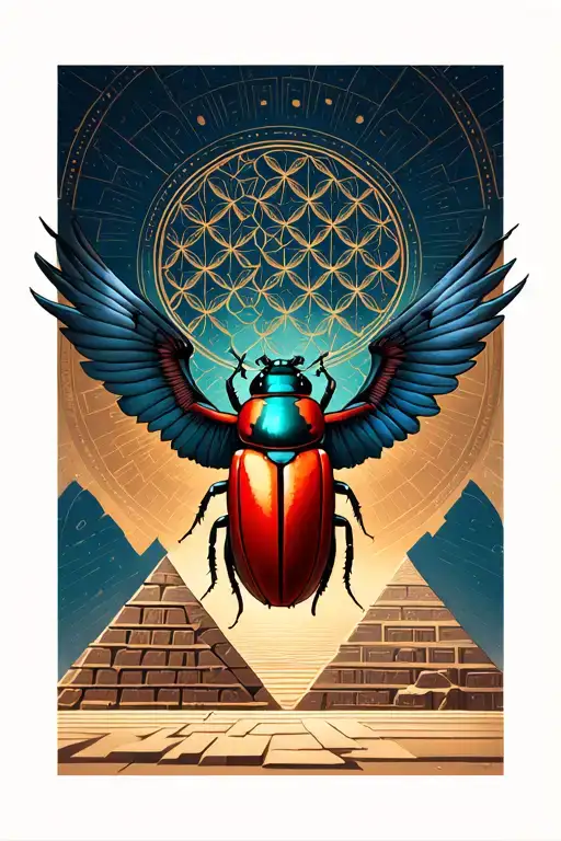 flower of life pattern behind pyramid of Giza, crimson scarab beetle with open wings tattoo design idea