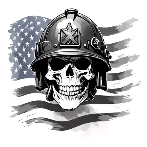 skull wearing fire helmet with american flag background  tattoo design idea