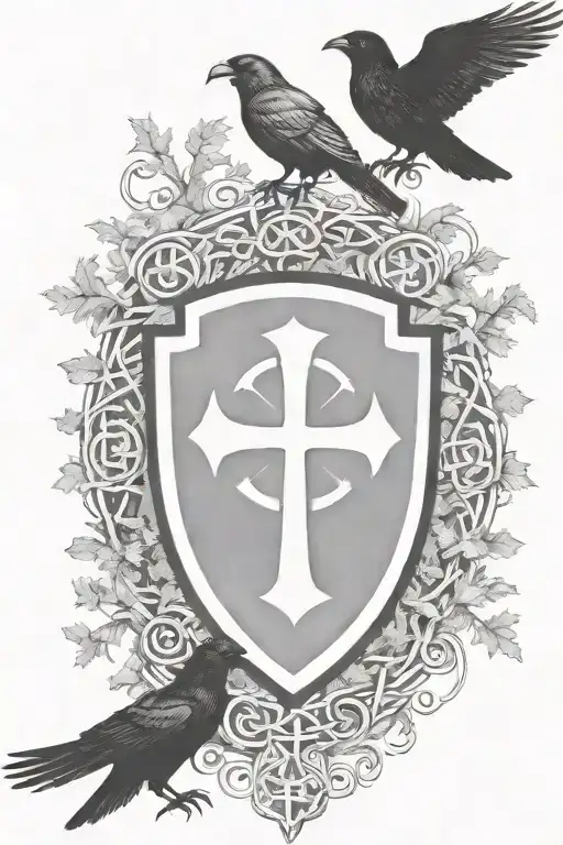 Rooker Family Crest with a celtic cross in a circle as a shield surrounded by cedar trees with  6 Crows tattoo design idea