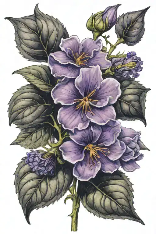 violet flower with the name elucia in the stem tattoo design idea