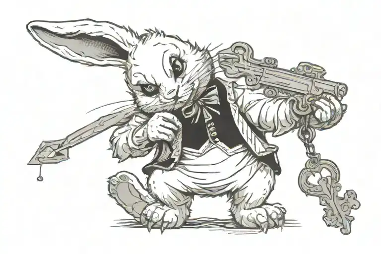 Teddy Bear that looks like an evil white rabbit with sly look holding key and calling sexy alice over to his rabbit hole tattoo design idea