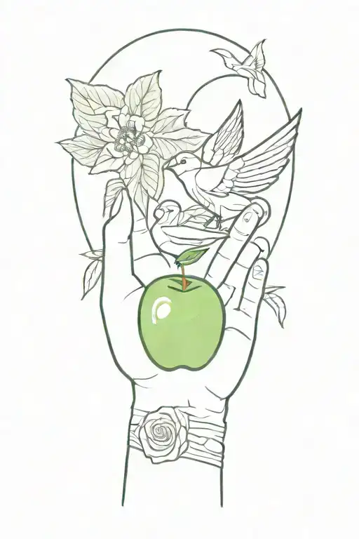 Create a sleeve tattoo featuring a green apple, a swallow, and  a womans hand giving the "OK" symbol tattoo design idea