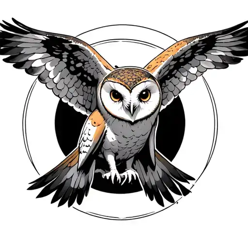 myamoto mushashi with a barn owl flying in front of a full moon tattoo design idea