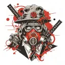 Wearing a black suit with a samurai hat and a gas mask on his face. tattoo design idea