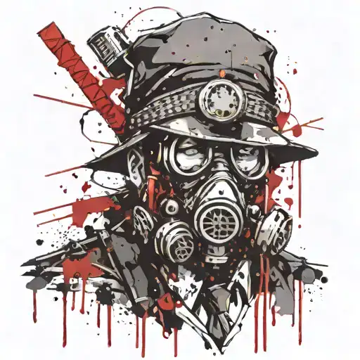 Wearing a black suit with a samurai hat and a gas mask on his face. tattoo design idea