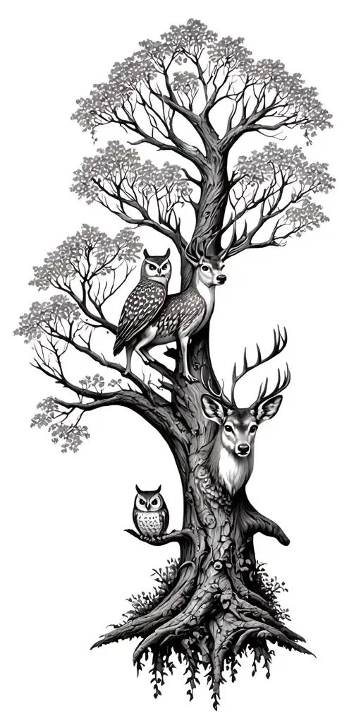 a nature with deer and owl on a tree of life tattoo design idea