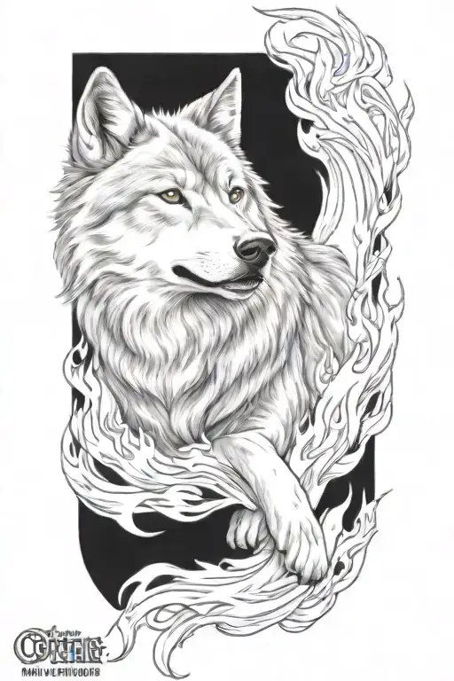 wolf fire flames left arm tattoo design idea