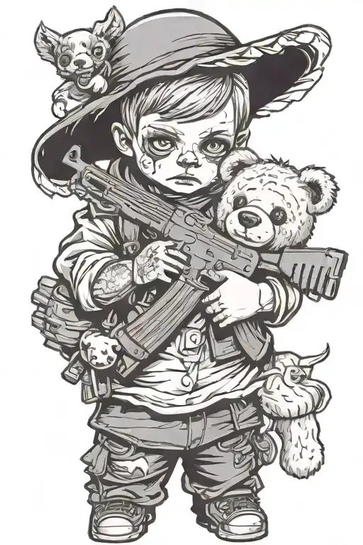 Necro child holding a teddy bear in one hand,  and an ak47 with the other hand.  tattoo design idea