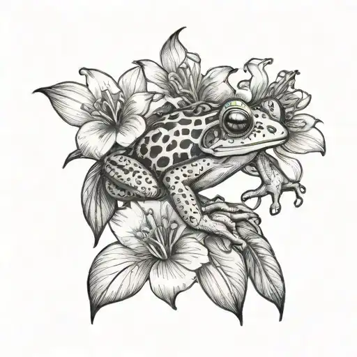 the coqui frog sitting on top of a flor de maga flower blooming tattoo design idea
