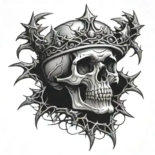 praying skull in a crown of thorns tattoo design idea
