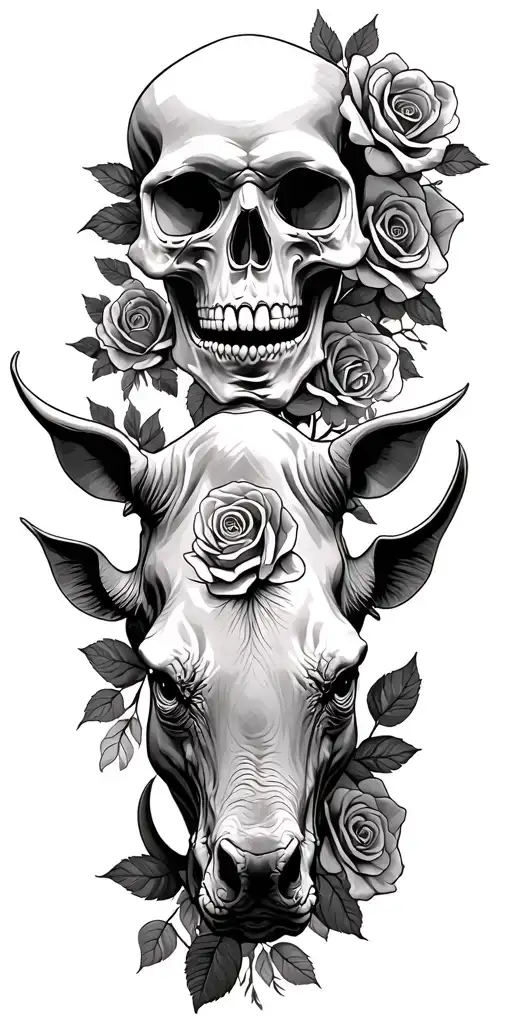 Mexican skull at the top and rhino head at the bottom with roses all around tattoo design idea